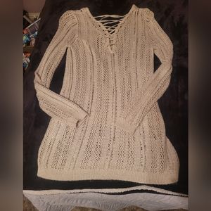 XS Guess mesh type longsleeve v neck cross tye front beige